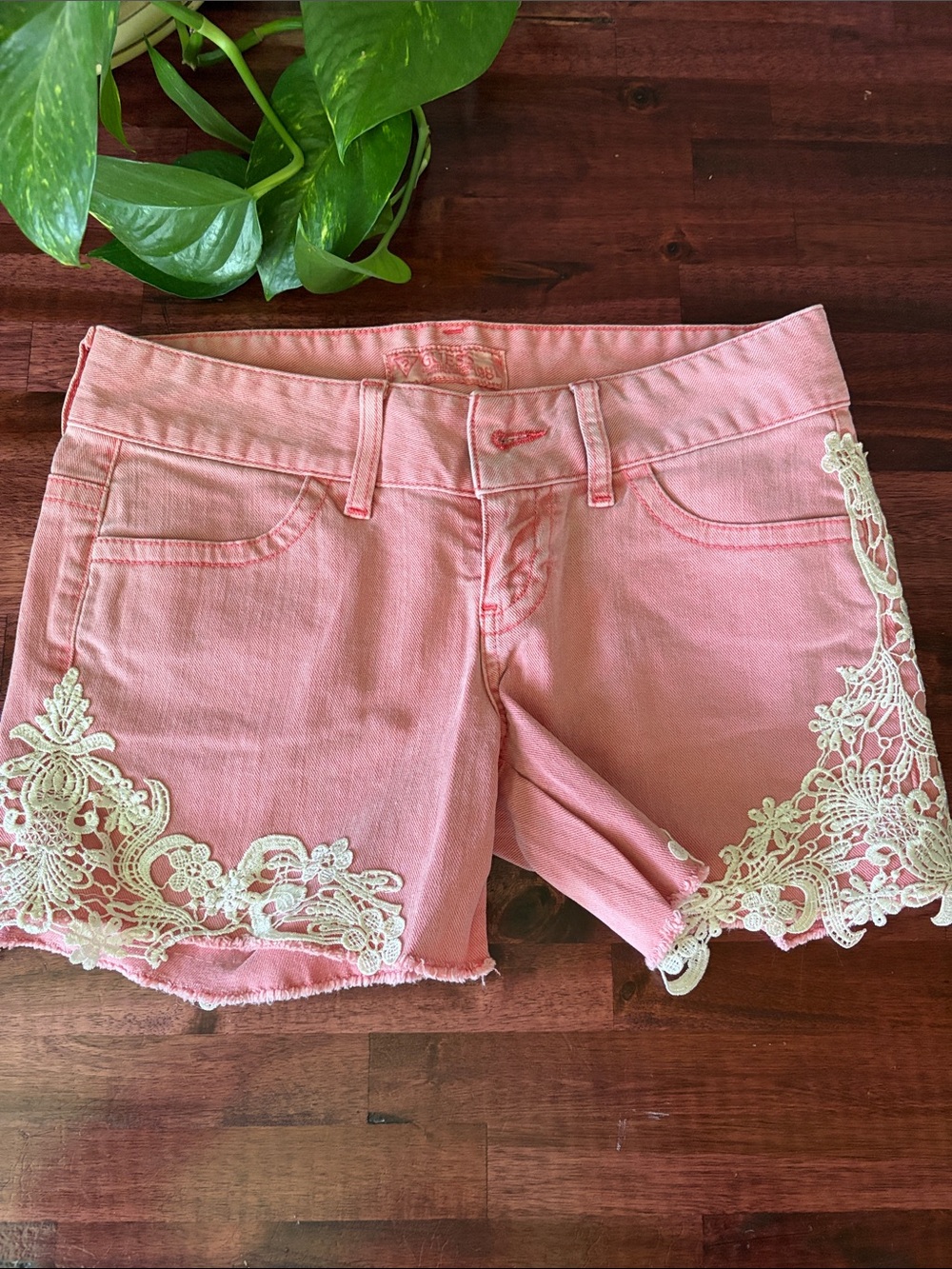 Guess Pink Denim Shorts with Cream Lace Trim
